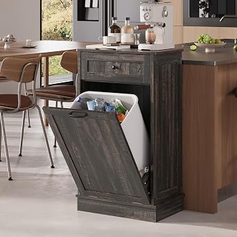 KIGOTY Tilt Out Trash Can Cabinet Trash Bin Cabinet with Hideaway Drawer Hidden Wooden Kitchen Garbage Can, Pet Proof Trash Can Holder for Kitchen Rustic Black