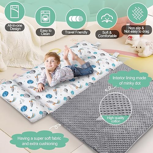 Miniatura 2 de Tapete para siesta para niños pequeños con almohada y manta extraíbles, 57 x 25 pulgadas, suave, extra grande, enrollado, para niños, saco de dormir