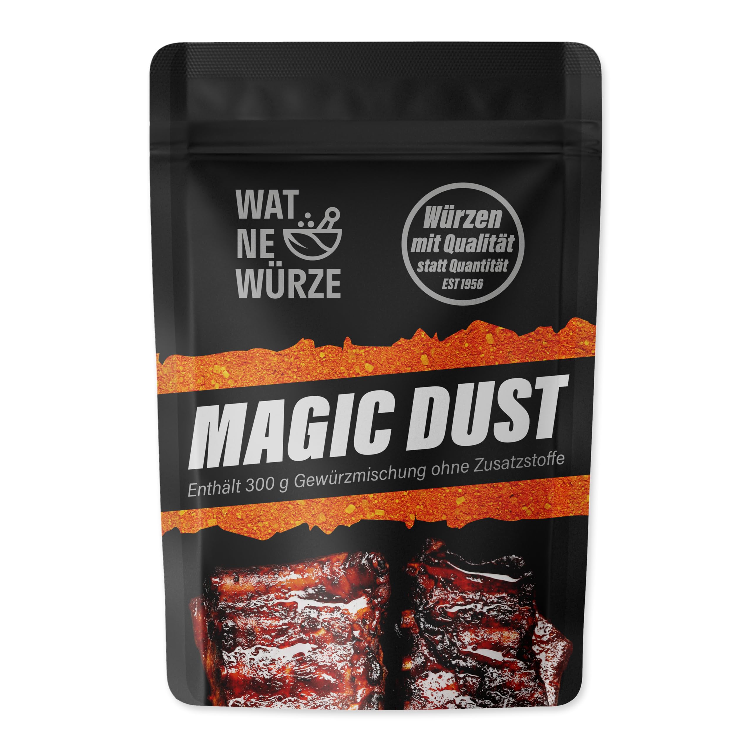 WAT NE WÜRZE Magic Dust Rub 300 g | BBQ-Rub Gewürz für Rippchen, Pulled Pork & Brisket | Grill Gewürzmischung nach amerikanischem Originalrezept im Aromaschutzbeutel