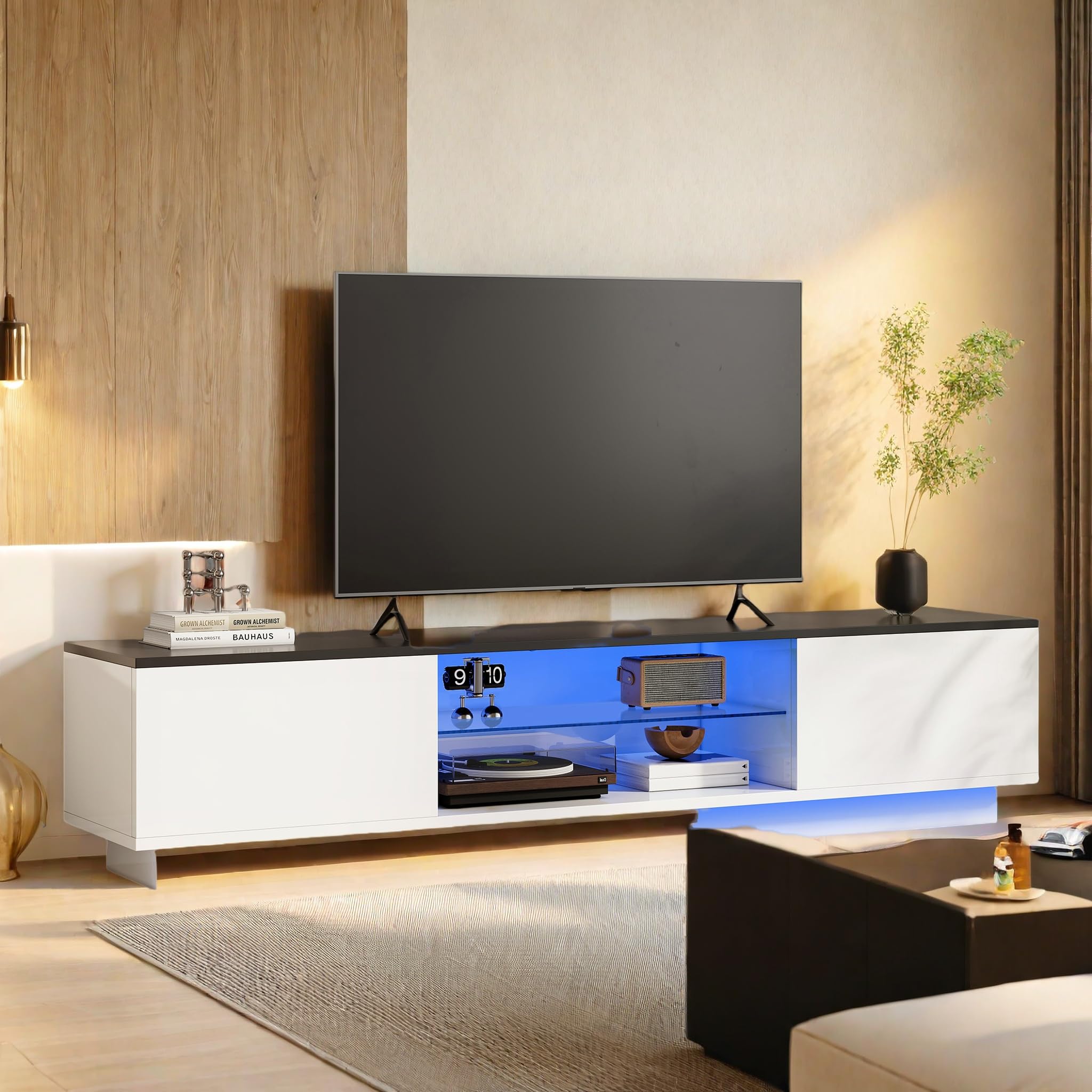 Mobile TV 160 cm, Mobile Tele con luci LED, Panca TV Bianco con Spazio di Conservazione, per TV fino a 65 pollici, Design moderno, Armadio-TV per Soggiorno, Camera da letto (Bianco-160 cm)