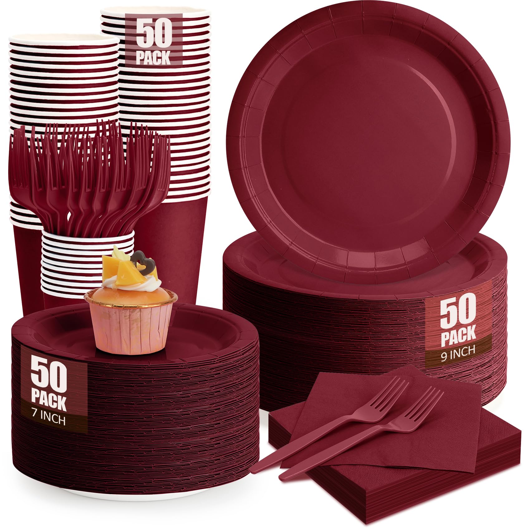 CENLBJ 250Pcs Burgundy Paper Plates and Napkins Supplies, Include 9’’Paper Party Plate, 7’’Dessert Plates Cups Napkins Forks Sets for Birthday,