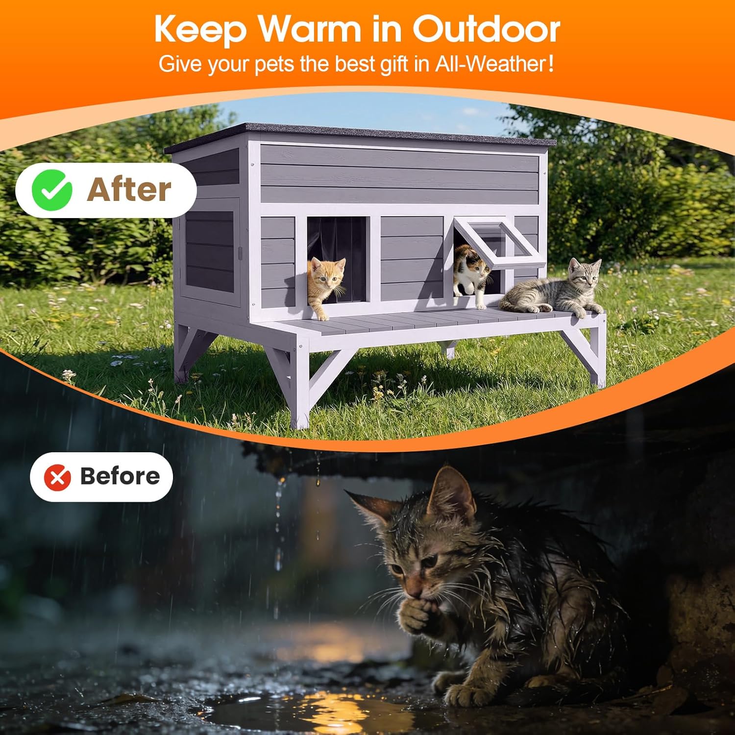 Large Cat House for Outdoor, Weatherproof Feral Cats Shelter Design with Platform, Easy to Install and Clean Kitty House Keep Safe in Outsides Insides(Grey)