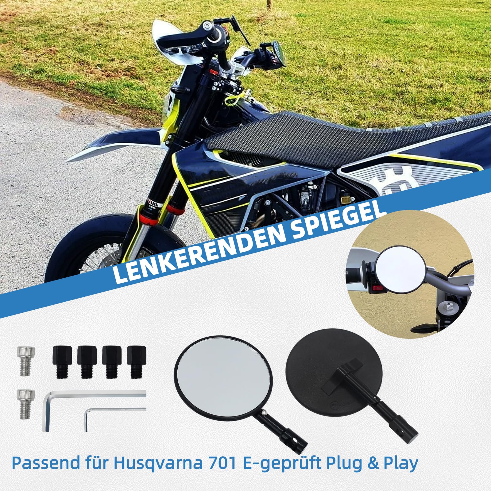Rückspiegel Set E-geprüft,Plug & Play inkl. Adapter,passend für KTM SMCR 690 & Husqvarna Supermoto 701,Motorrad Lenkerendenspiegel Zubehör
