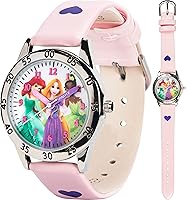 Disney Princess Time Teacher Watch for Kids - Ariel, Rapunzel & Tiana Dial, Easy Analog Learning, Pink Adjustable Strap