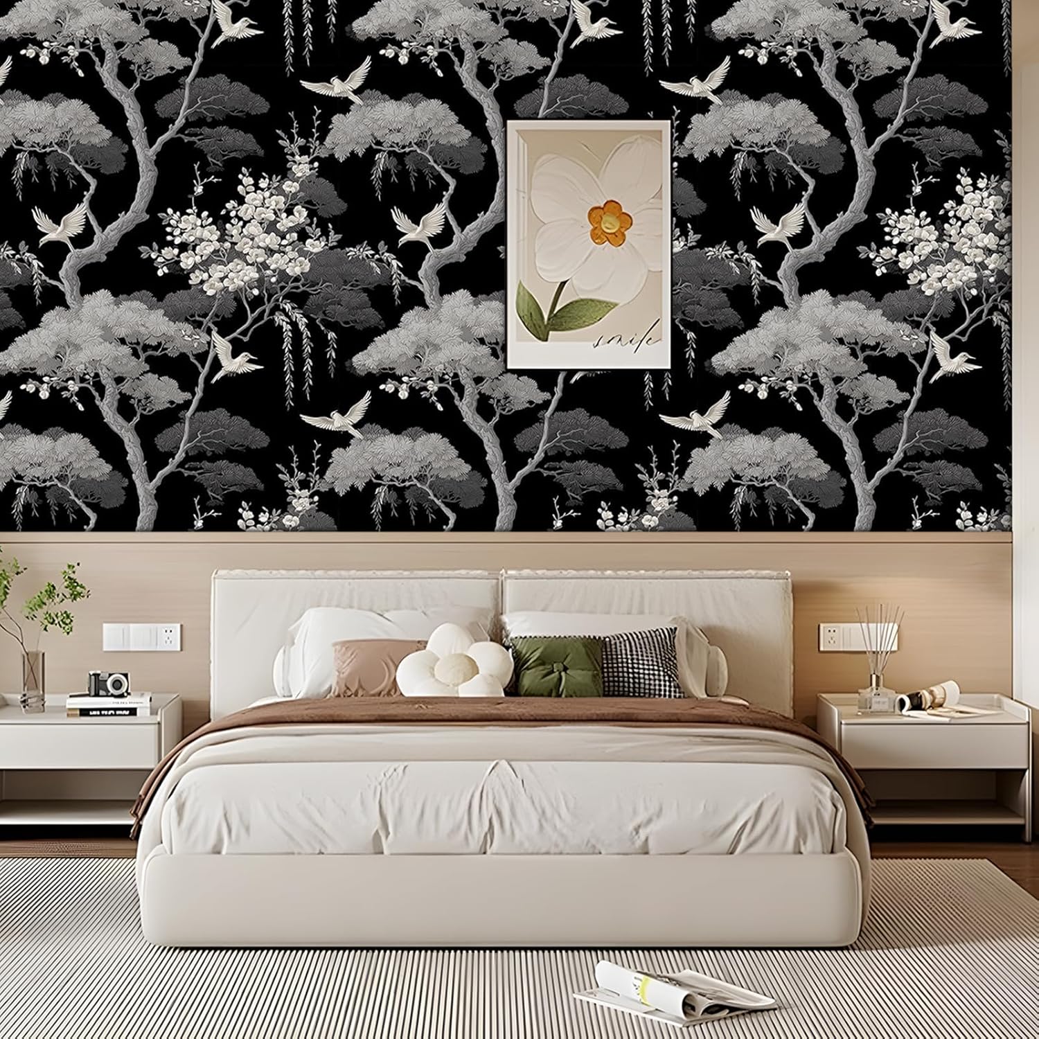 Dark Vintage Botanical Leaf Floral Wallpaper Self Adhesive Peel and Stick Bird Flower Chinoiserie Watercolor Contact Paper Removable Waterproof for Bedroom Renter Friendly 17.71"x118.1"