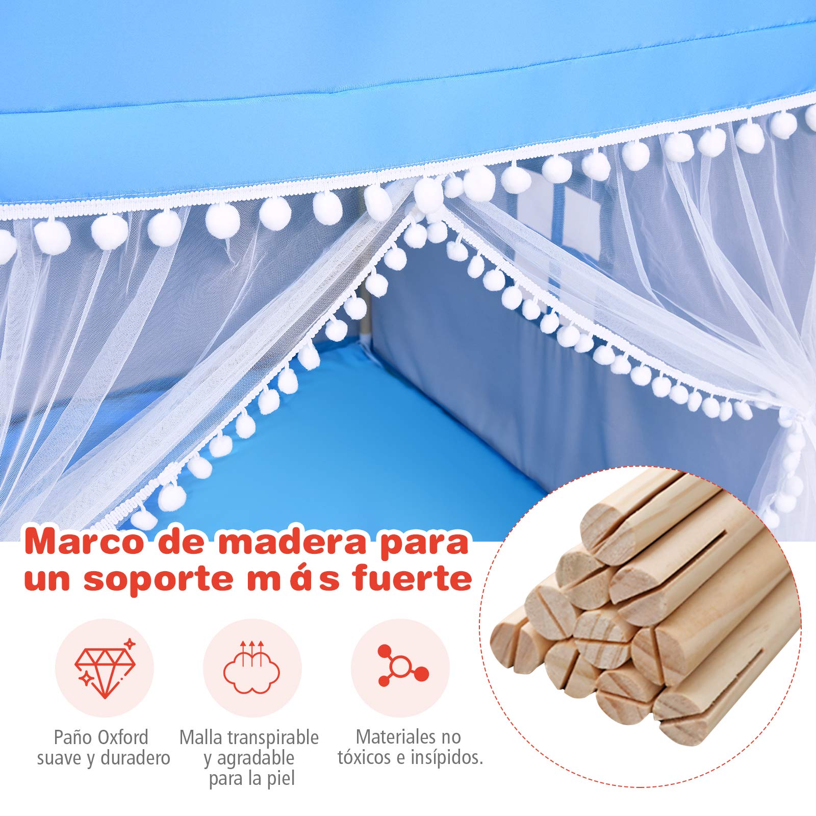 COSTWAY Casa de Juegos para Niños Tienda de Campaña para Niños Casita Infantil con Marco de Madera,Manta de Algodón y Techo Castillo Juguete para Niños 120x105x140 centímetros (Azul)