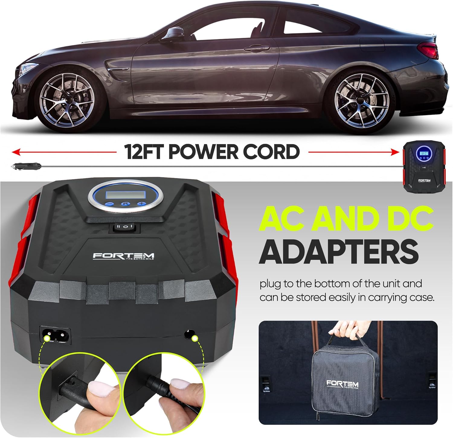 FORTEM Tire Inflator Portable Air Compressor, Air Pump for Car Tires and Bikes, Car Tire Pump w/Auto Shut Off, 150 PSI, 12V DC, LED Light, Carrying Case, for Men, Women - Image 3