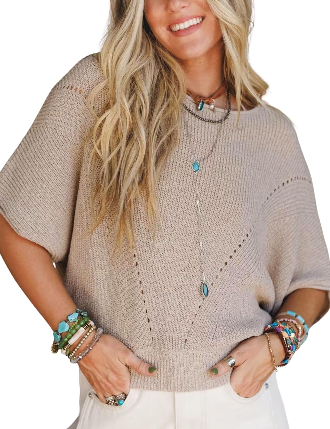 Womens Knit Sweater Top Half Batwing Sleeve Crew Neck Crochet Pullover Loose Casual T Shirt Blouse