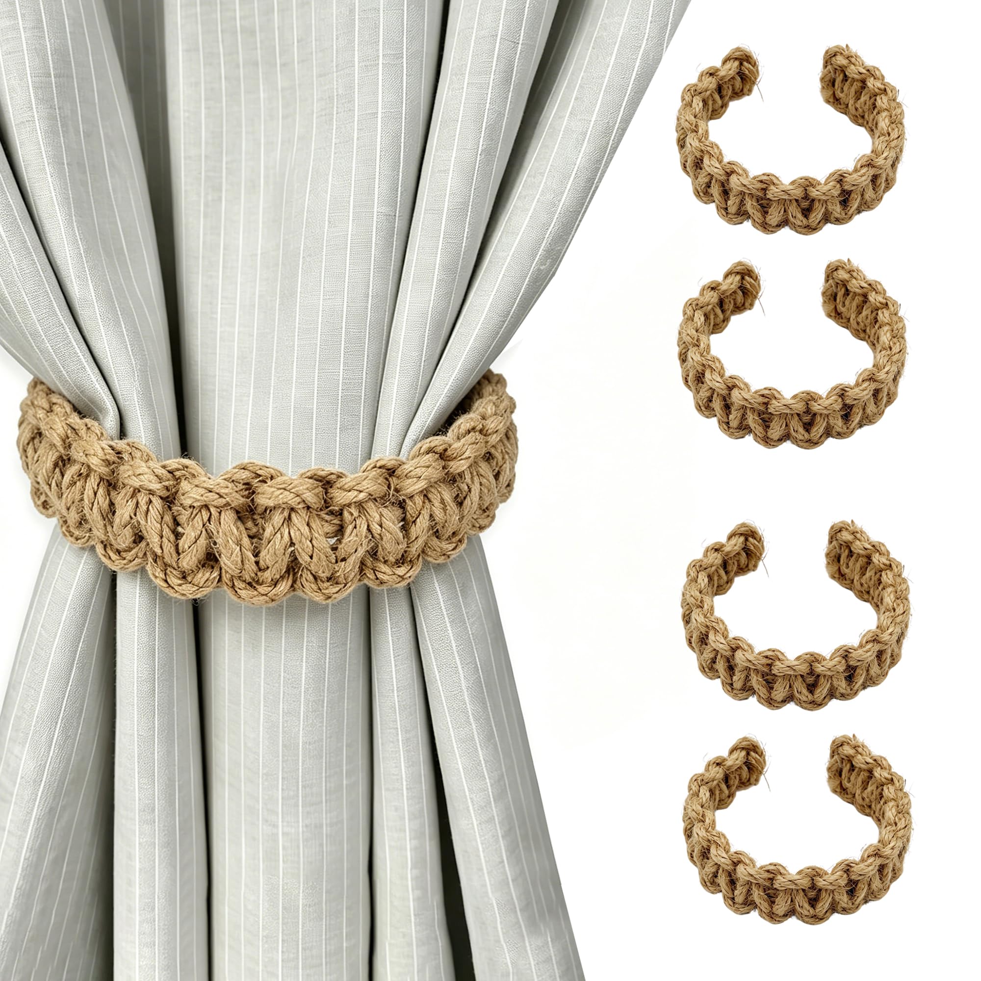 SRG Curtain Tiebacks for Curtains 4 Pack, Decorative Curtain Holdbacks for Drapes, Handmade Tie Backs No Drilling for Home Bedroom Window Decor – Braided Beige