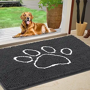 Dog Door Mat for Muddy Paws, Pet Rug Chenille Absorbent Outdoor Doormat 48"x 30", Non Slip Heavy Indoor Doormat Soft Front Inside Doormats for Entryway, Mud Paws, Patio,Dog Paw Dark Grey