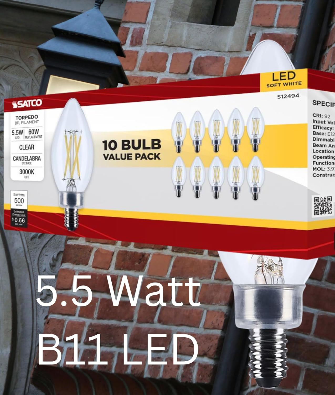 Satco 5.5W LED B11 Candle Light Bulb 3000K Soft White 500 Lumens Clear Finish E12 Candelabra Base Dimmable 300 Degree Beam Enclosed Fixture Rated Wet Location 120V 20-Pack S12494