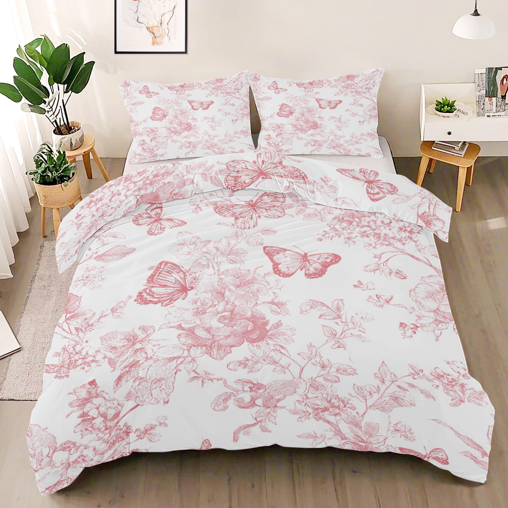 Housse de couette 240x260 Toile de Jouy rose avec fermeture éclair 3 pcs