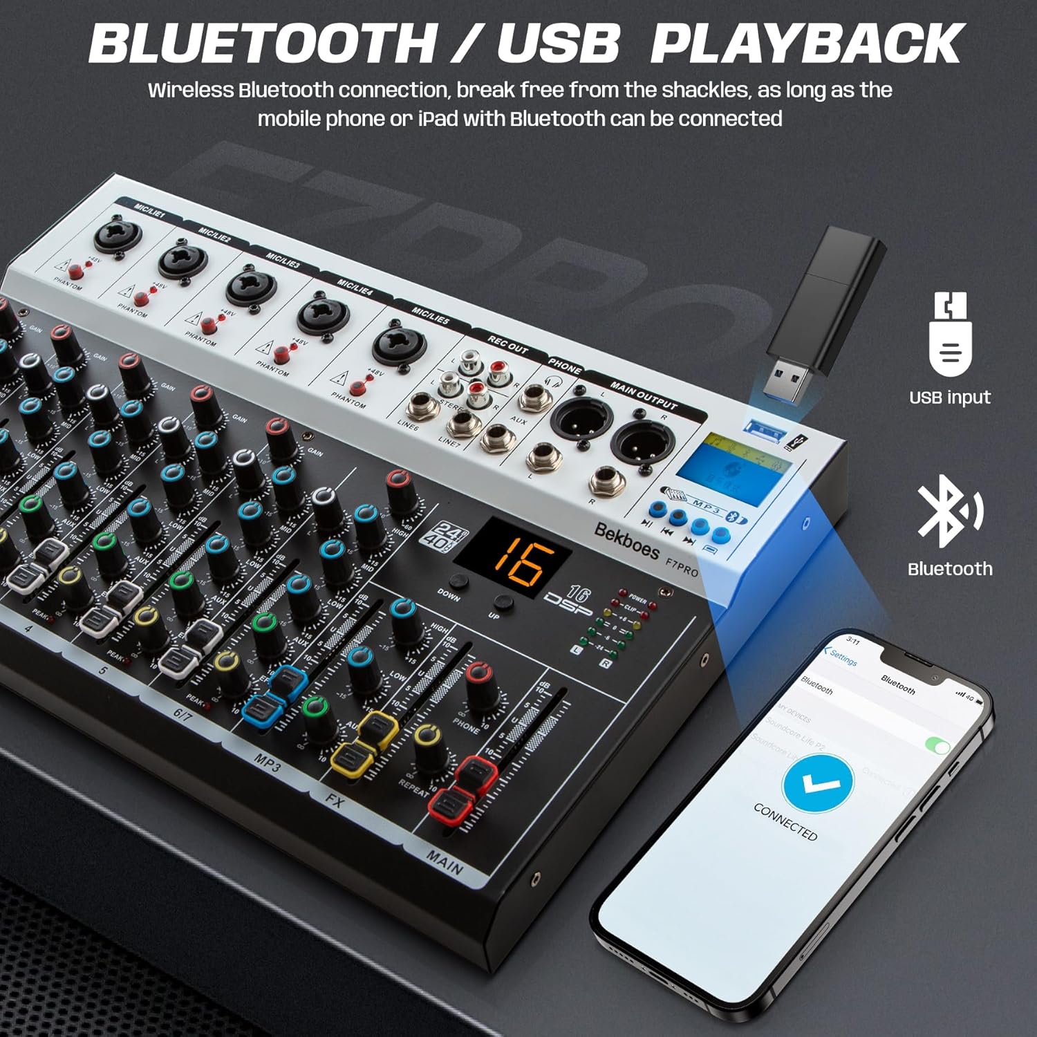 Professional Audio Mixer, 7 Channel, Input 48V Phantom Power Stereo Digital USB Bluetooth MP3 Computer Input, Build-in 16 Effect DSP, for Recording, Live Streaming, Podcasting