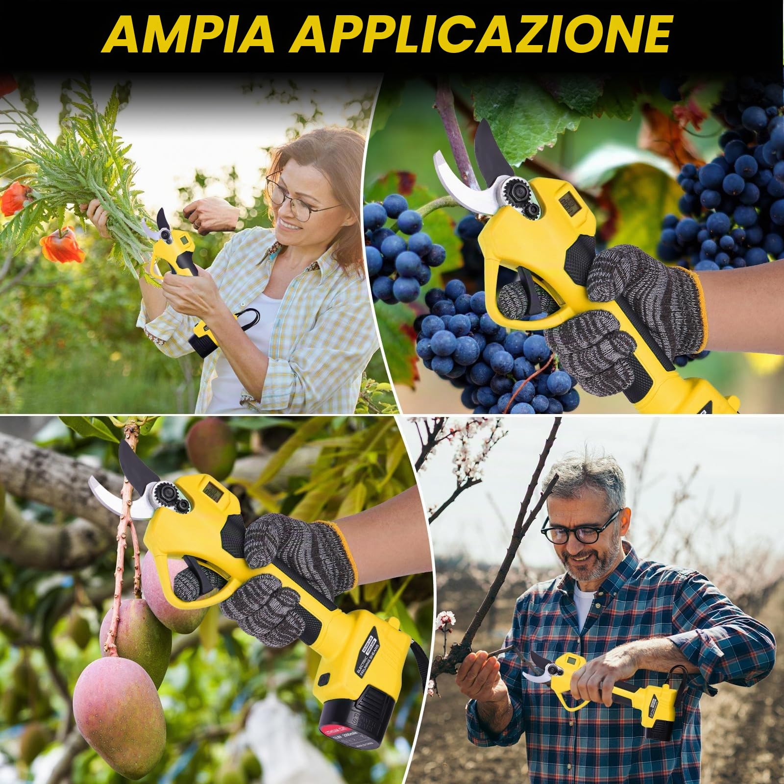 Forbici Potatura a Batteria 35mm 2 Batterie 21V 2.0Ah, Cesoie Elettriche con Motore Brushless, Lame SK5 Rivestite in PTFE per Giardino, Ulivi e Alberi da Frutto Giallo