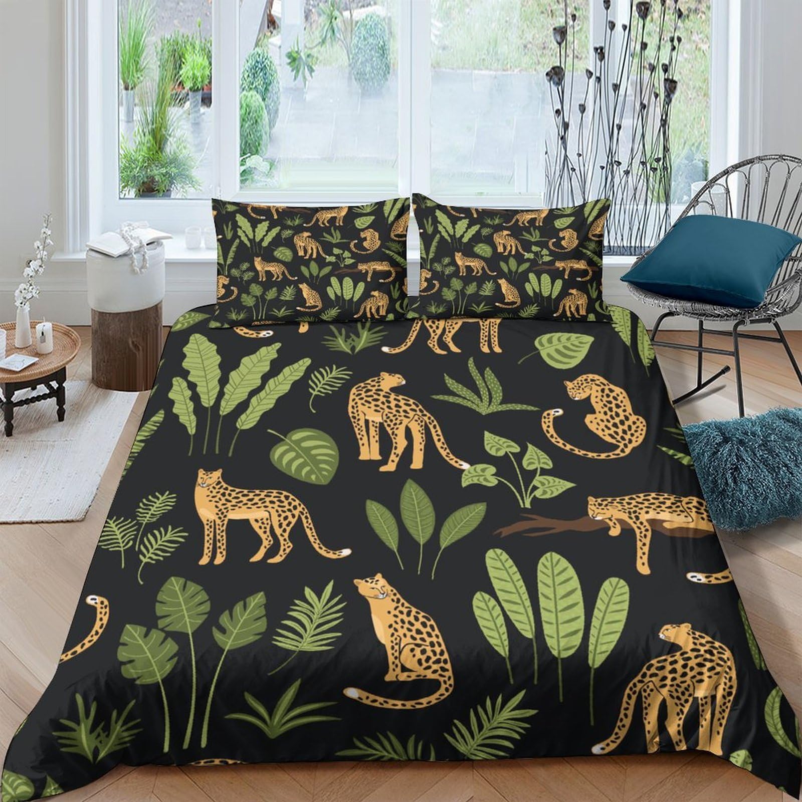 Ctjqhvkz Style-9 3D Printed Jungle Leopard Fitted Sheet Microfiber Soft Black Tropical Leaves Mattress Cover Bedroom Decor Single（135X200cm）