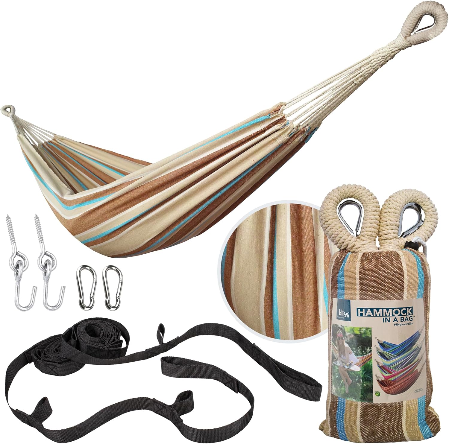 Bliss Hammocks BH-400-HA 40" Wide Hammock w/Hand-Woven Rope Loops & Hanging Hardware, Outdoor, Patio, Backyard Durable, Cotton and Polyester Blend, 250 Lbs Capacity, Hampton Stripe