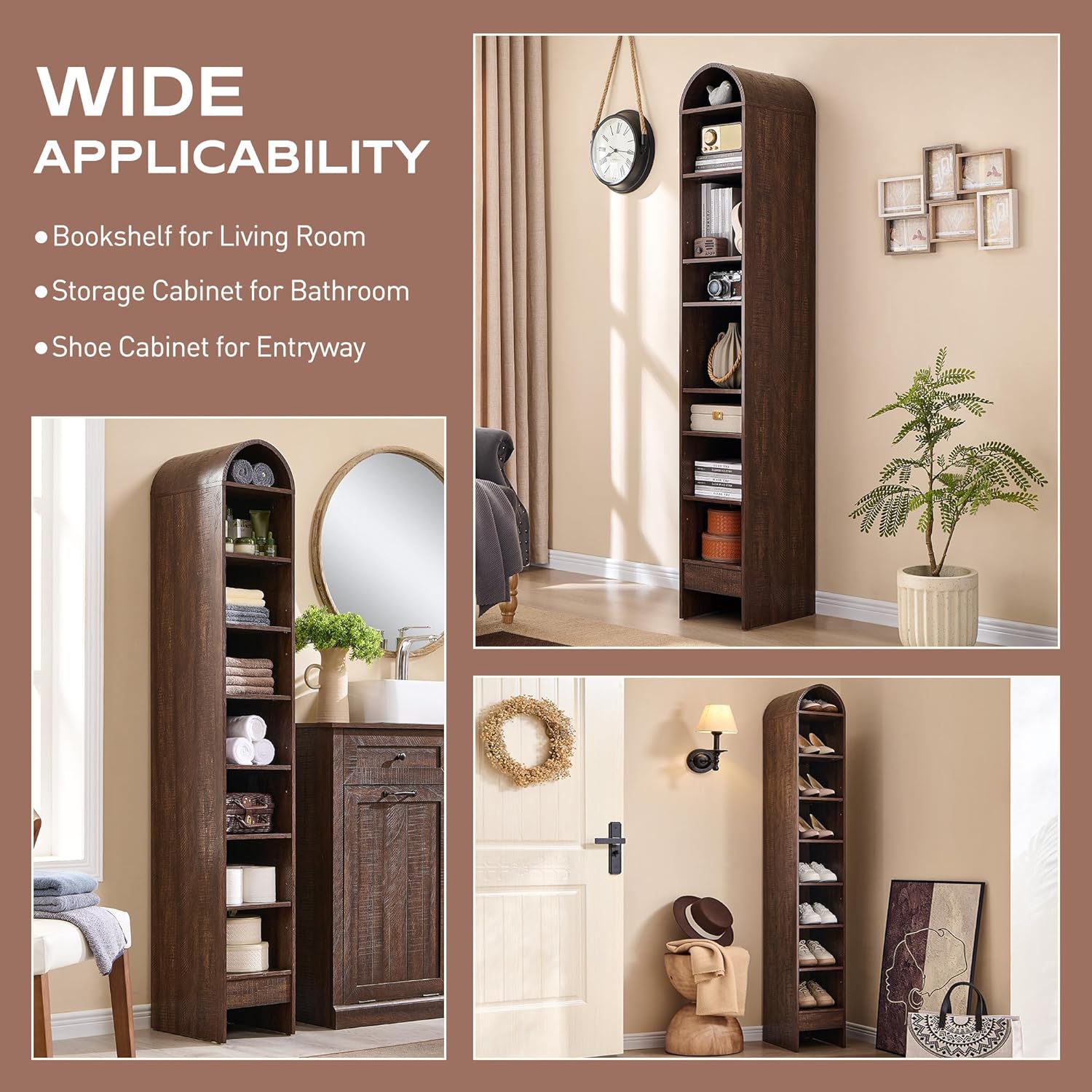 IFGET 67" Tall Arched Bookshelf, 8 Tiers Arch Bookcase with Storage, Modern Farmhouse Book Shelf with Adjustable Shelves, Wood Bookshelf w/Open Display Shelves for Living Room, Office (Brown)