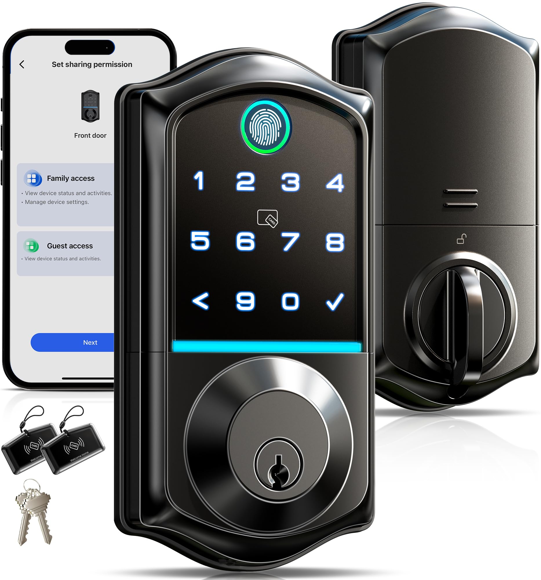 Veise Fingerprint Smart Door Lock, Keyless Entry Door Lock, App Control, Easy Installation, Electronic Touchscreen Keypad, Emergency Power Port, Biometric Smart Locks for Front Door, Matte Black