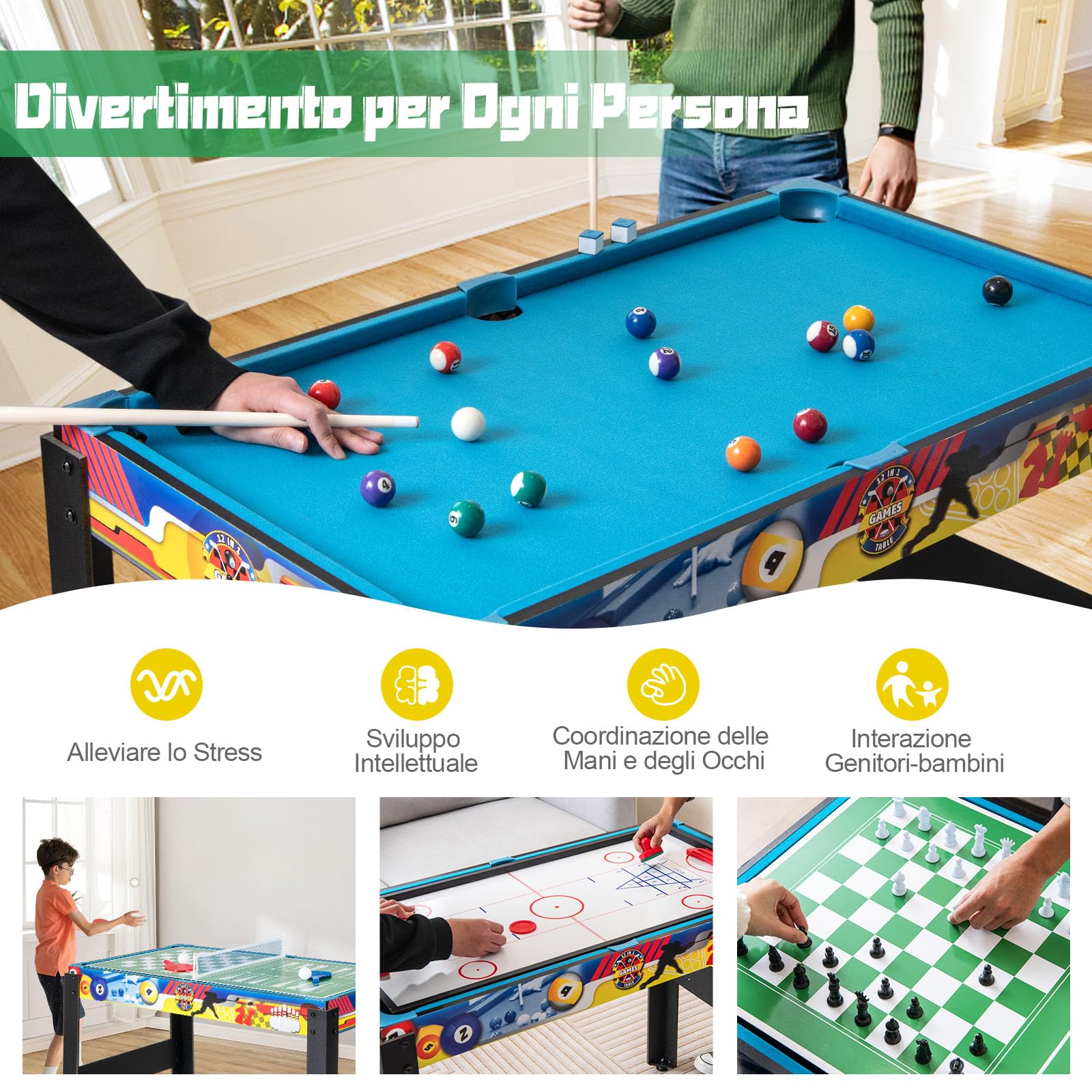 RELAX4LIFE 12 IN 1 Tavolo da Gioco Multifunzionale, Set da Tavolo Multigioco Calcio Balilla Ping Pong Air Hockey Scacchi Bowling, per Casa Ufficio Bar