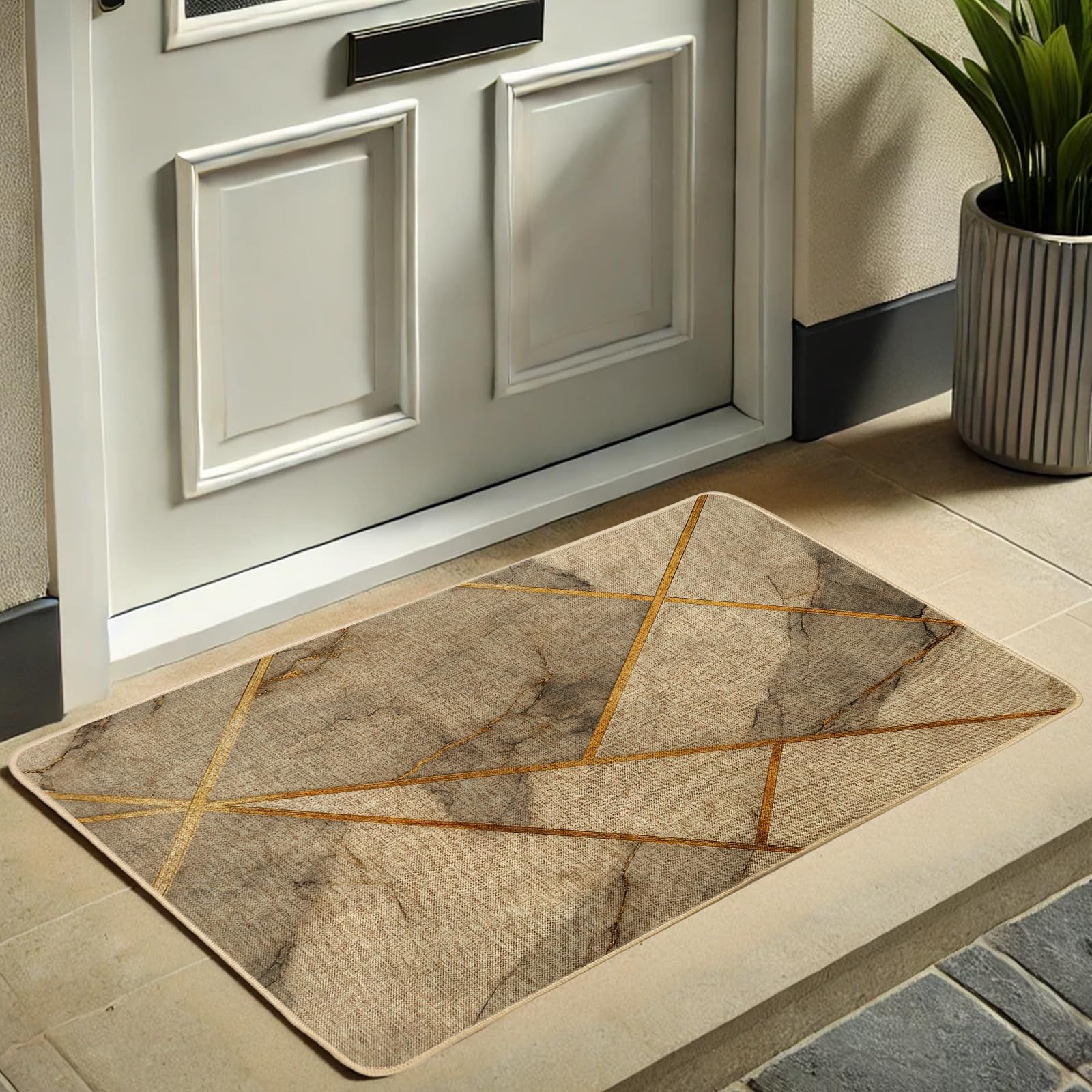 Elegant Marble Pattern Doormat, Beige and Gold Decorative Door Mat for Outdoor & Indoor Entryway, Modern Design, Rubber Waterproof Non-Slip, Easy Clean 29x17 Inch