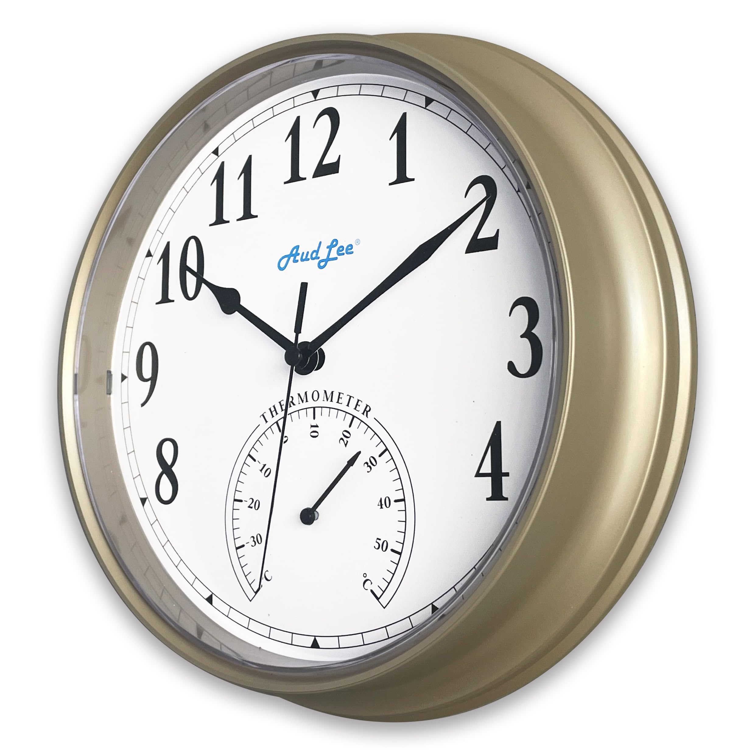 Audlee Champagne Gold (New) 25Cm Tub Indoor Wall Clock With Thermometer. Battery Operated Round Clock. Decorative Clock For Home/Office, Sweep Movement (Champagne Gold)