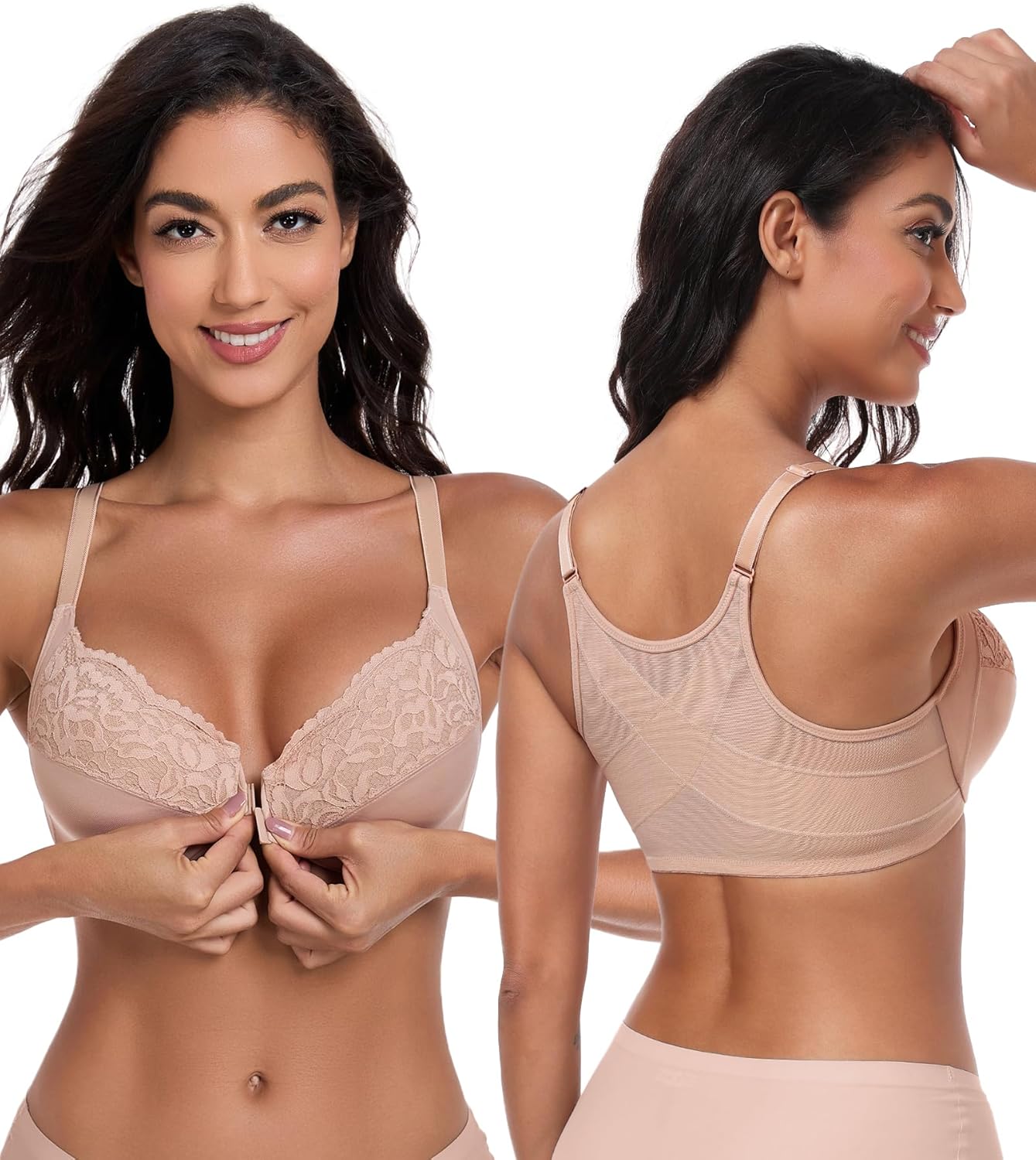 Lemorosy Women's Full Figure Plus Size Front Closure Posture Back Unpadded Underwire Everyday Bra