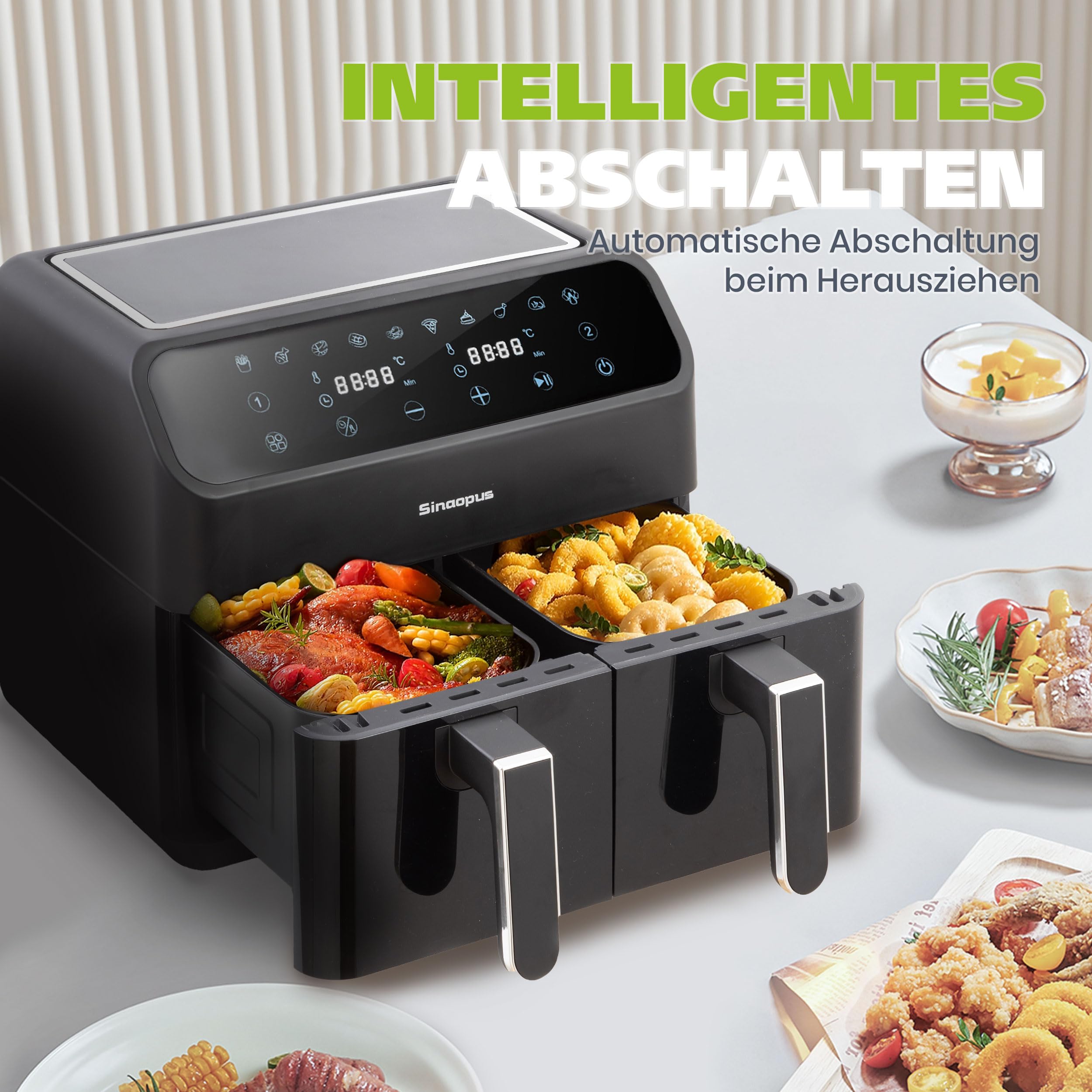 Heißluftfritteuse 9L Dual Zone, 2000W Airfryer mit 2 Körben, 10 Programme, Touchscreen, Sync & Match Funktion, Ölarmes Frittieren für Familie