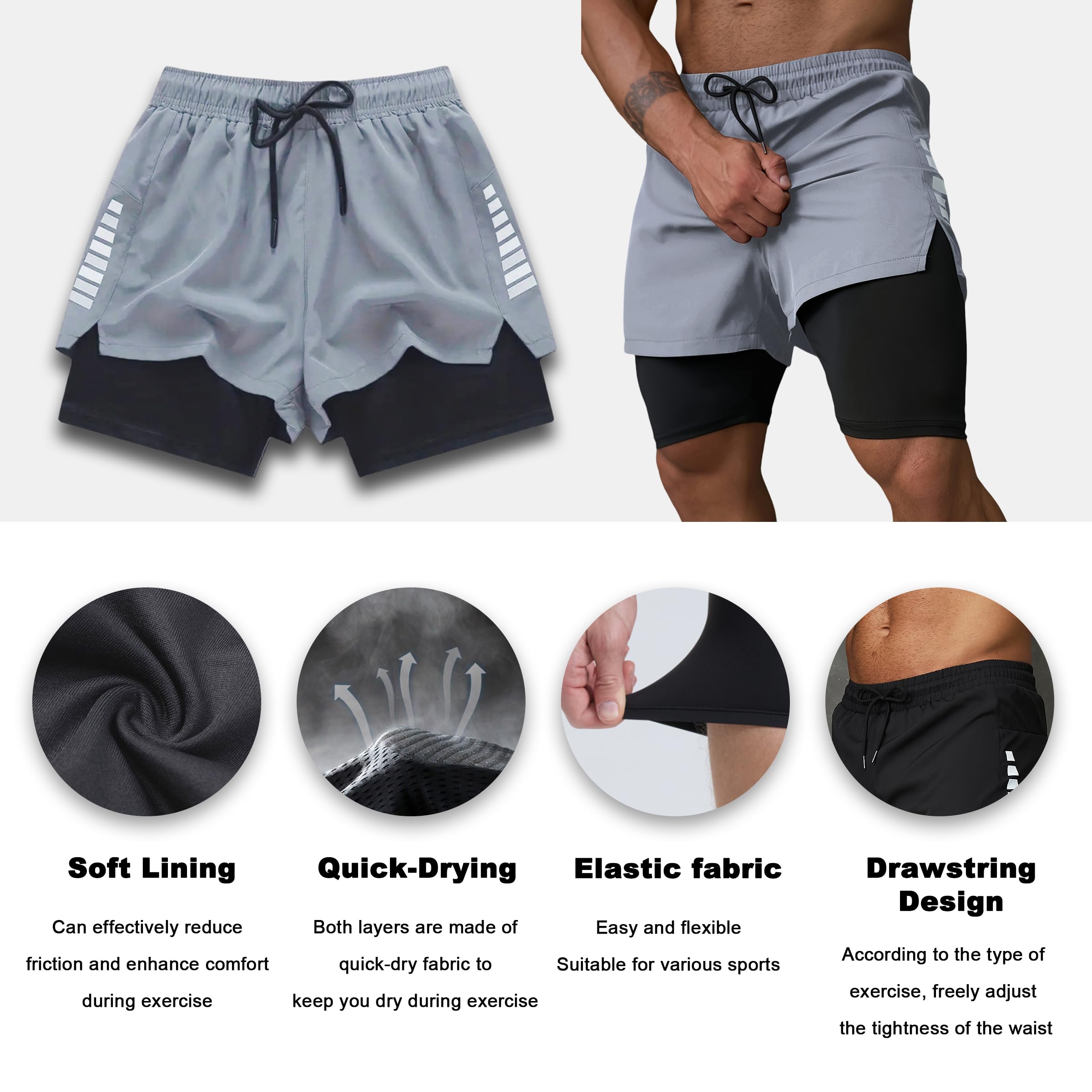 Smarstyle męskie krótkie spodenki do biegania, 2 w 1, szybkoschnące, sportowe spodnie z kieszeniami, oddychające spodenki treningowe
