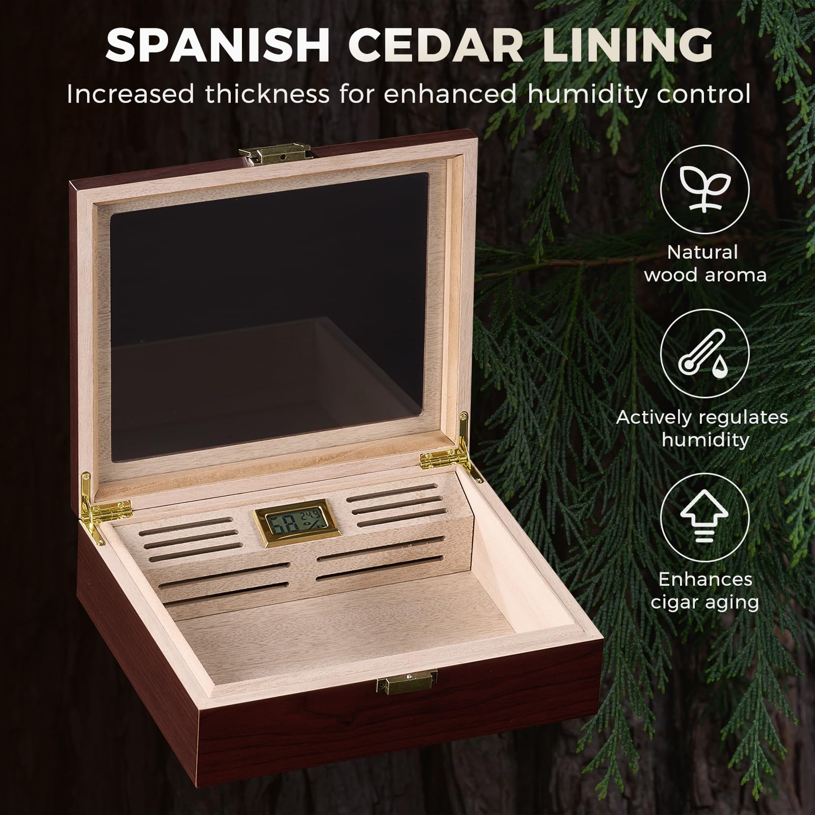 ProCase Cave à Cigares avec Hygromètre Numérique et Humidificateur, Boîte à Cigares avec Intérieur en Bois de Cèdre pour 20 à 25 pcs, Humidor Idéal pour Homme Amateur de Cigares Cubains -M