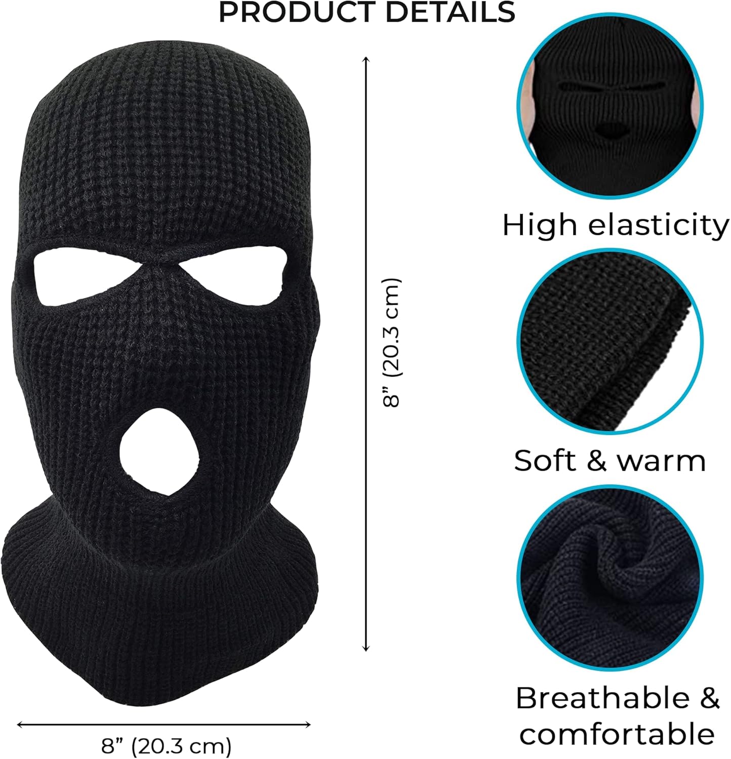 3 Hole Knitted Full Face Ski Mask Winter Balaclava Face Cover for Outdoor Sports (Black) - Image 5