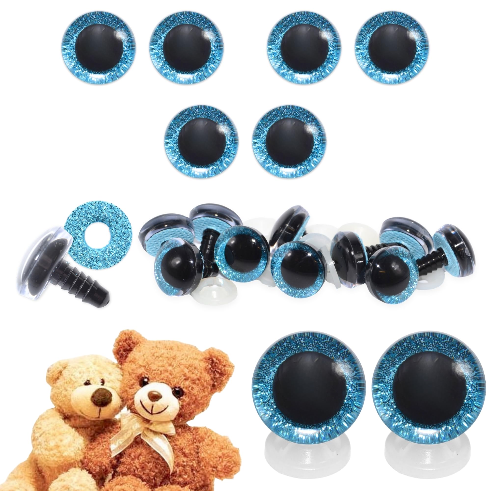 celloexpress 20mm Blue 3D Glitter Eyes with Plastic Backs - Sparkle Safety Eyes for Soft Toy Teddy Bear Animal Making (Pack of 3 Pairs)