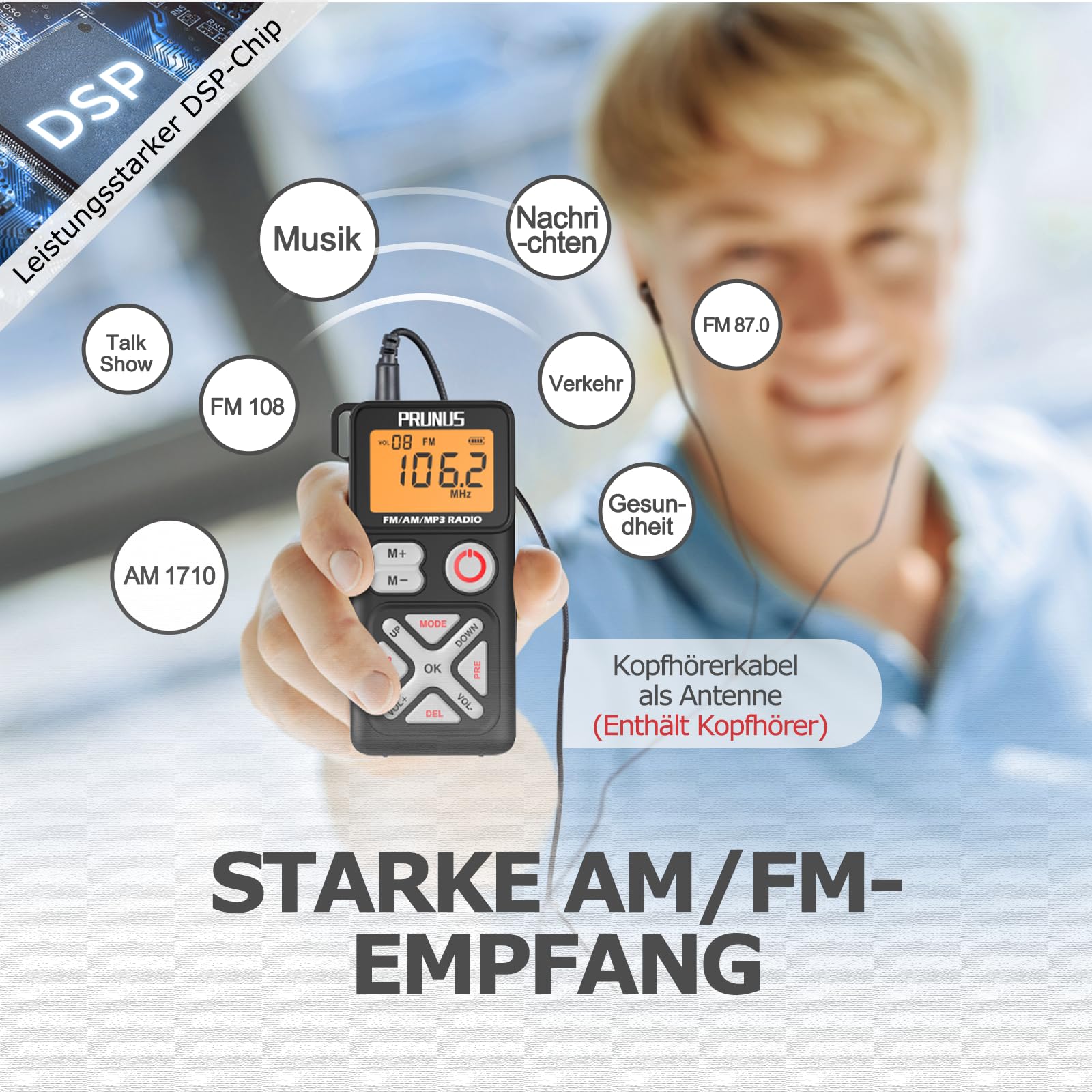 PRUNUS J-988 AM/FM/UKW Digitales Radio Klein unterstützt Manuelle Senderspeicher, Kleines Radio mit Kopfhörern/TF-Kartensteckplatz, USB-C Aufladung, Taschenradio mit Clip zum Joggen,Wandern,Reisen.