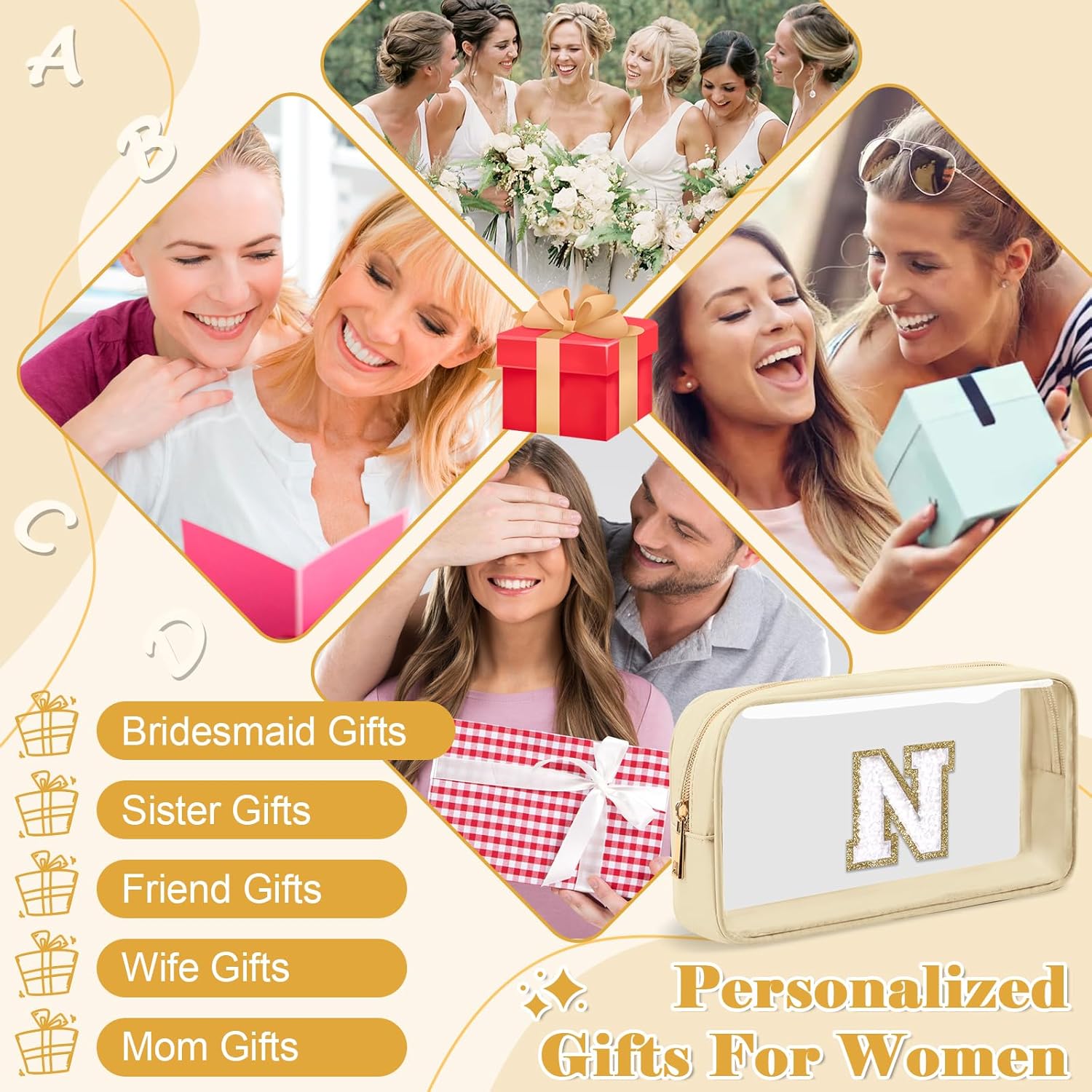 Personalized Initial Letter Clear Makeup Bag,Preppy Small Nylon&PVC Cosmetic Zipper Bag with Chenille Letter,Portable Beach Travel Skincare Toiletry Bag,Trendy Monogram Gift for Teen Girls Women,N - Image 6