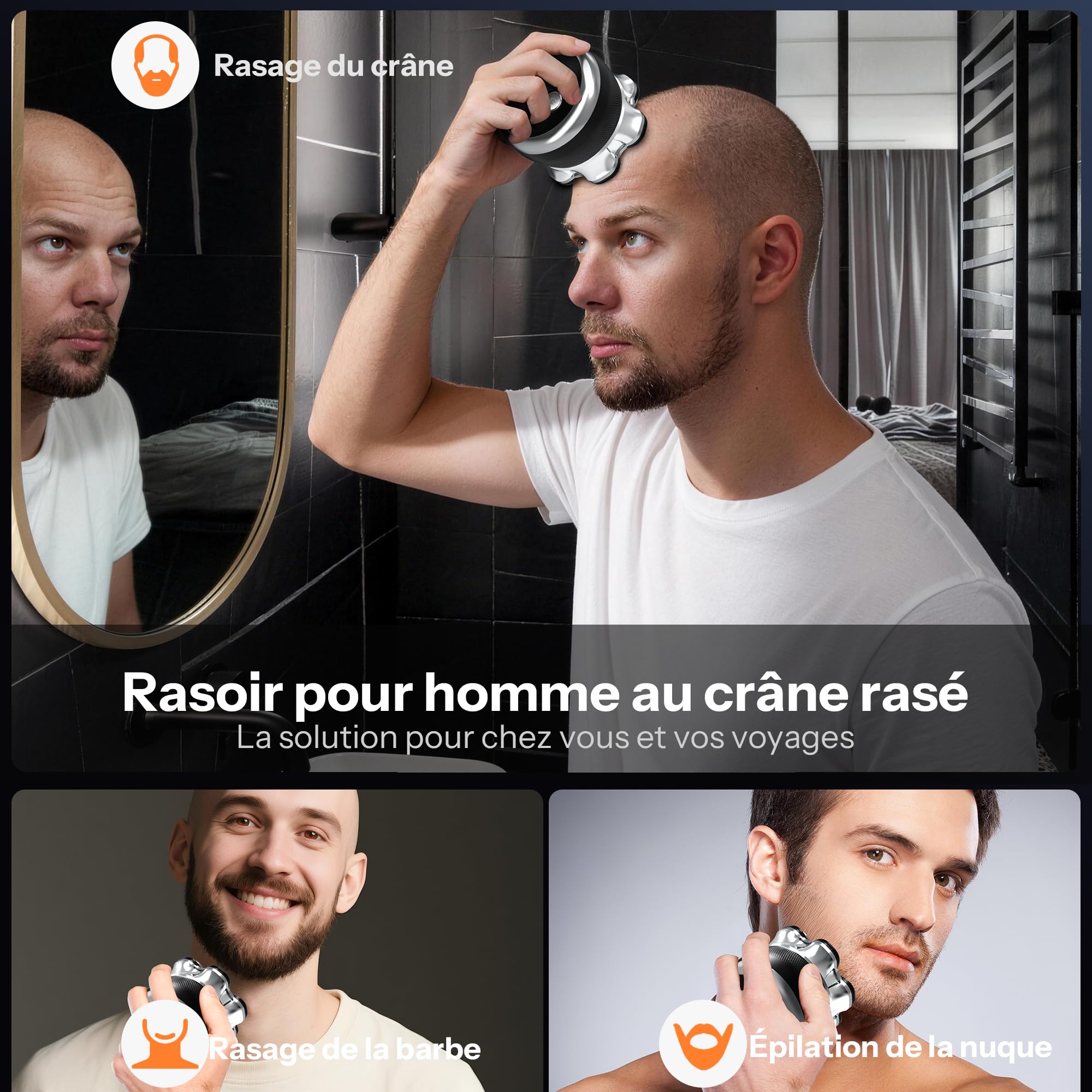 Rasoir Tete Chauve Homme, Yeerain 7D Flexible Rasoir avec 2 Vitesses Réglables, Tondeuse Crane Chauve Sec & Humide, Longue durée de vie des piles, Facile à Nettoyer, Chargement USB-C