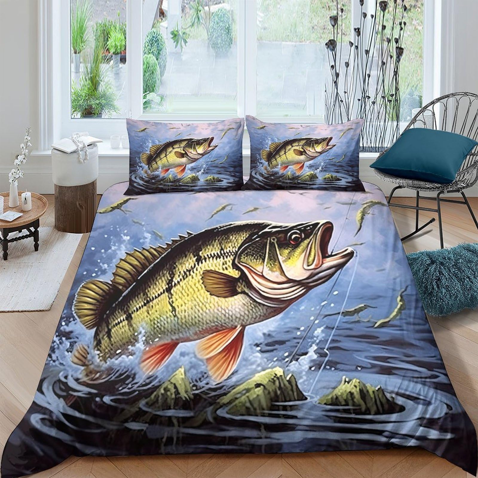 Ctjqhvkz Style-5 3D Printed Bass Fish Fitted Sheet Microfiber Anti-Slip Waterproof Lake Scene Mattress Cover For Bedroom Guestroom Decor Single（135X200cm）
