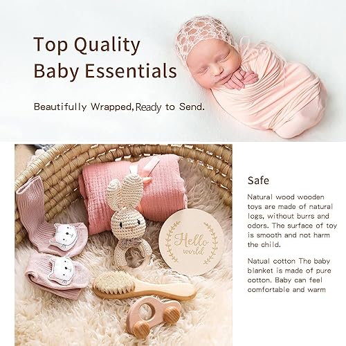 Miniatura 3 de Cesta de regalo para bebé recién nacido, regalos de ducha para niños y niñas con sonajeros de madera de conejo, juego de baño básico de 6 piezas con