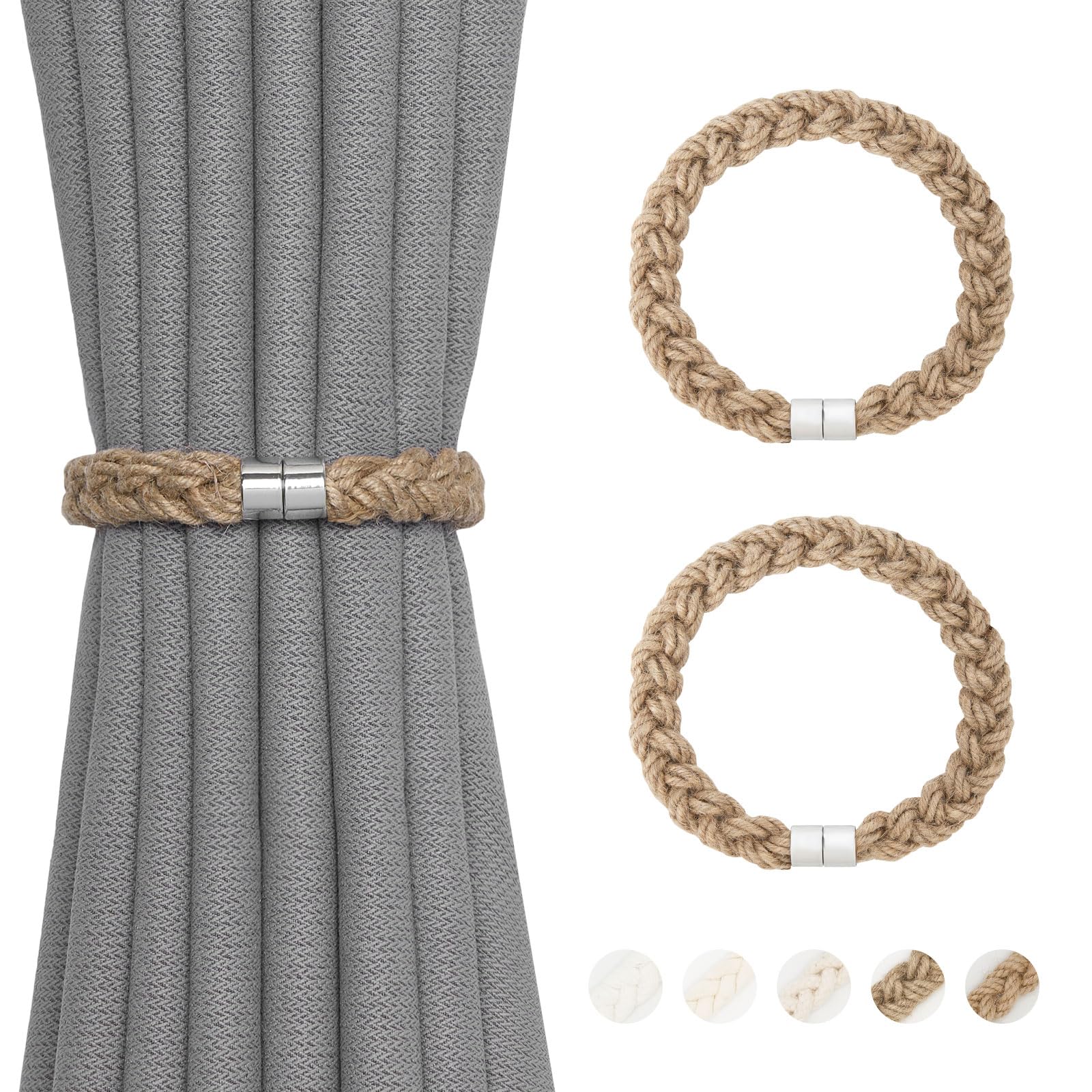 Pretty Jolly 2 Pack Natural Jute Rope Curtain Tiebacks Elegant Boho Style Magnetic Drape Tie Backs Soft Hand-Woven Rope Curtain Holdbacks for Home & Office Drapery (Jute rope-thick)