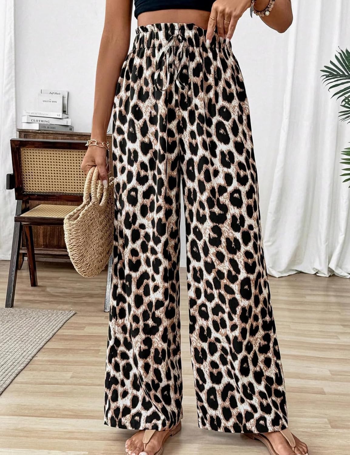 Women's Leopard Print Pants Cheetah Wide Leg Drawstring Casual Lightweight Pants for Beach Office Wear - Image 3