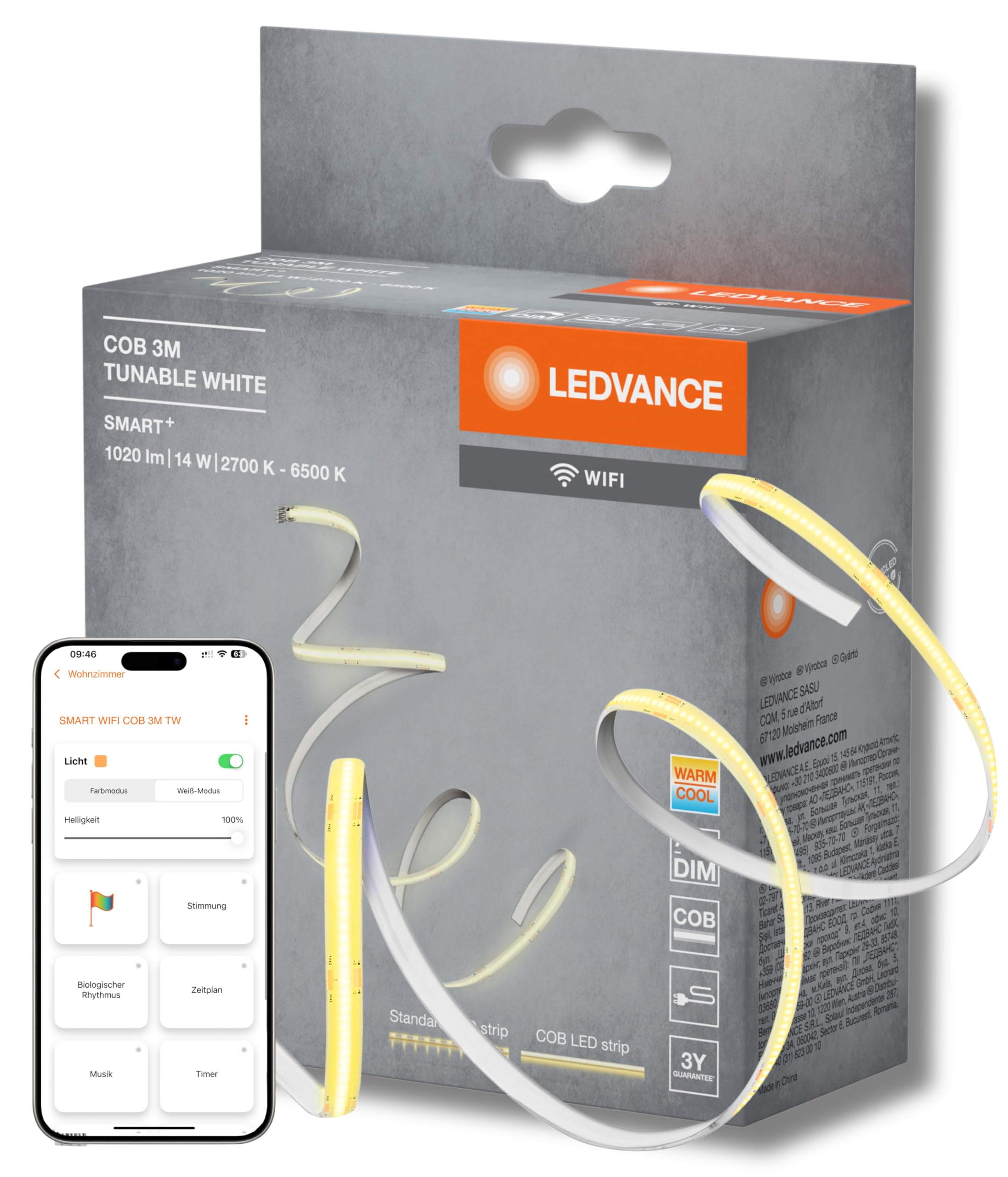 LEDVANCE SMART WIFI COB Strips dekorative COB-Streifen mit weißem; regulierbarem Licht und homogenem Lichteffekt; dimmbar; TW; gelb; Silikon; 3 m; Leuchtmittel nicht austauschbar