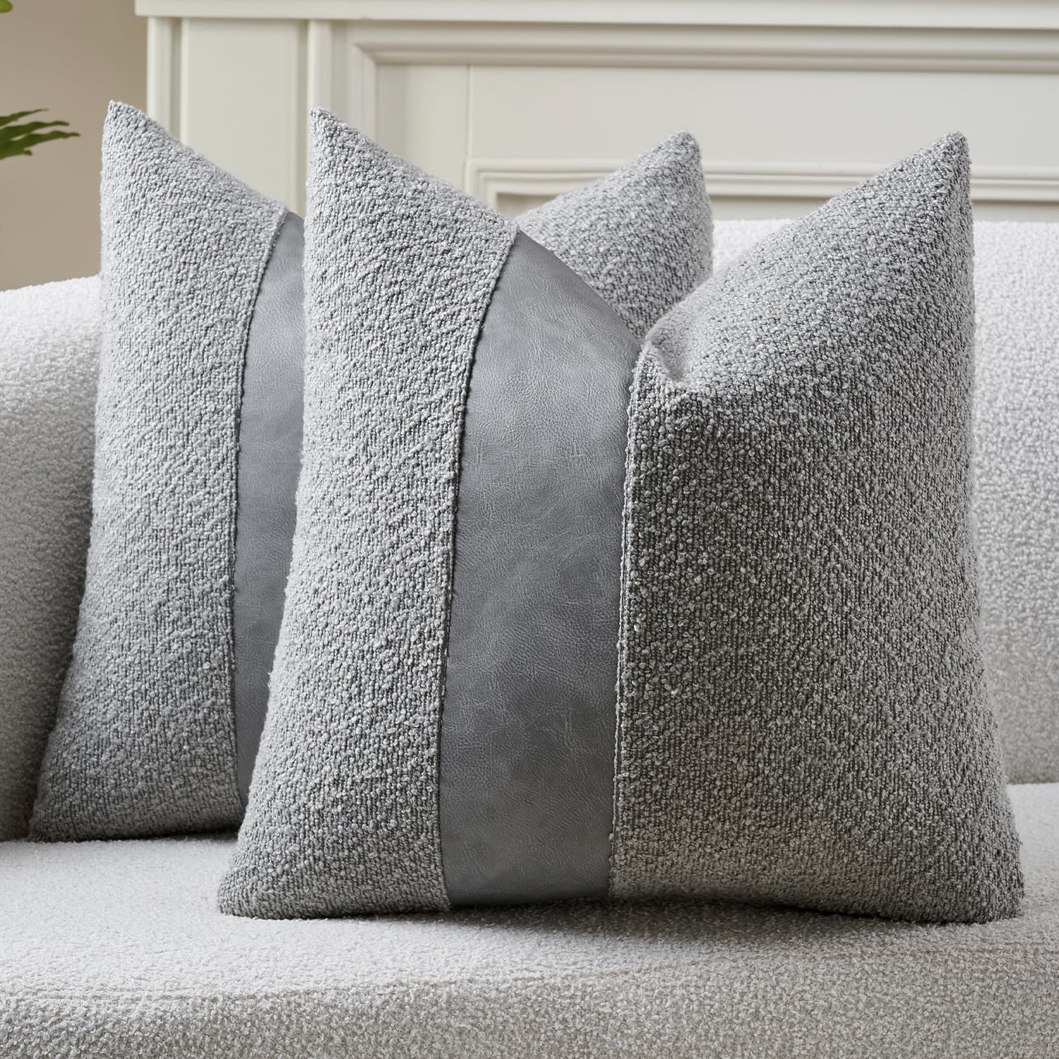 DEZENE Pack of 2 Faux Leather Boucle Throw Pillow Covers 18"x18" Grey Chic Accents Textured Square Decorative Pillow Cases for Living Room Couch Bed Farmhouse Boho Home Decor