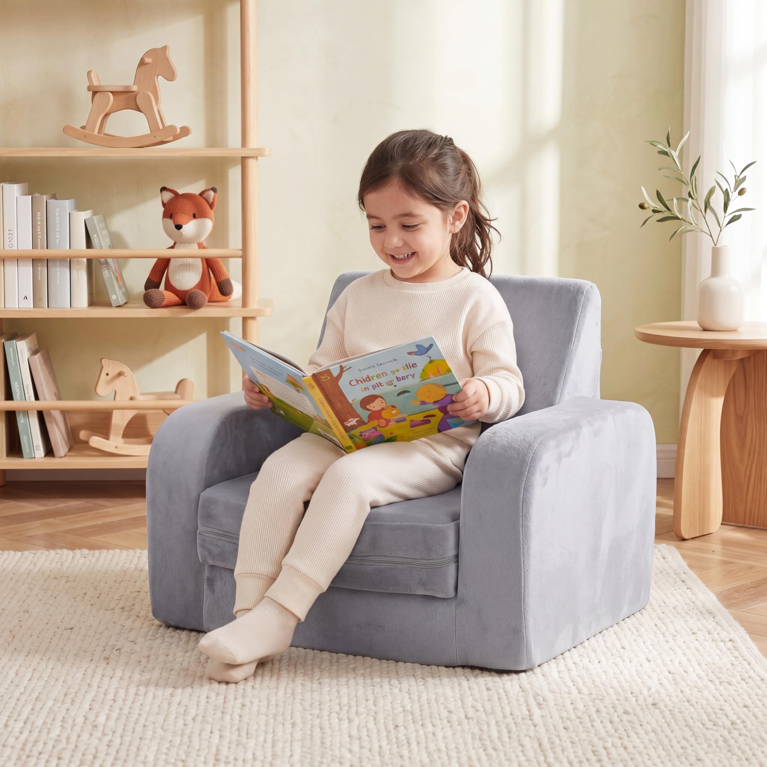 LIFEZEAL Canapé Enfant Depliant 3 en 1, Mini Canapé Enfant Pliable avec Housse Amovible en Velours Cristal, Canapé-lit en Mousse, Fauteuil Bebe pour Chambre et Salle de Jeux (Gris, Plié en 3)