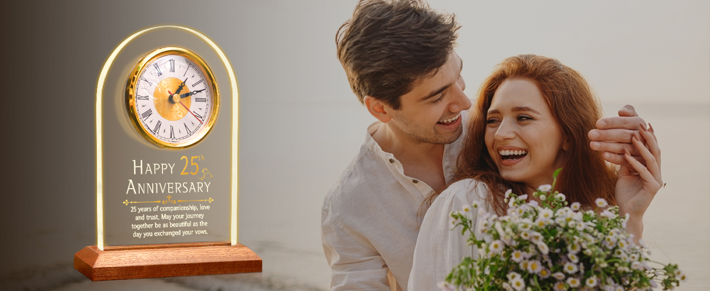 OkiyiD Light Up 25th Anniversary Wedding Gifts Quartz Clock with Wooden Base,25 Years Silver Wedding for Couple,Parents,Soft Warm White Lighting 25th Anniversary Decoration Gifts