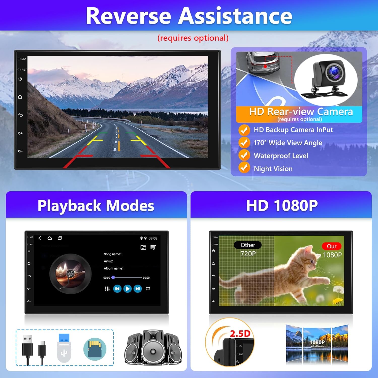 Podofo 2Din Car Stereo Reverse Assistance and Playback Modes