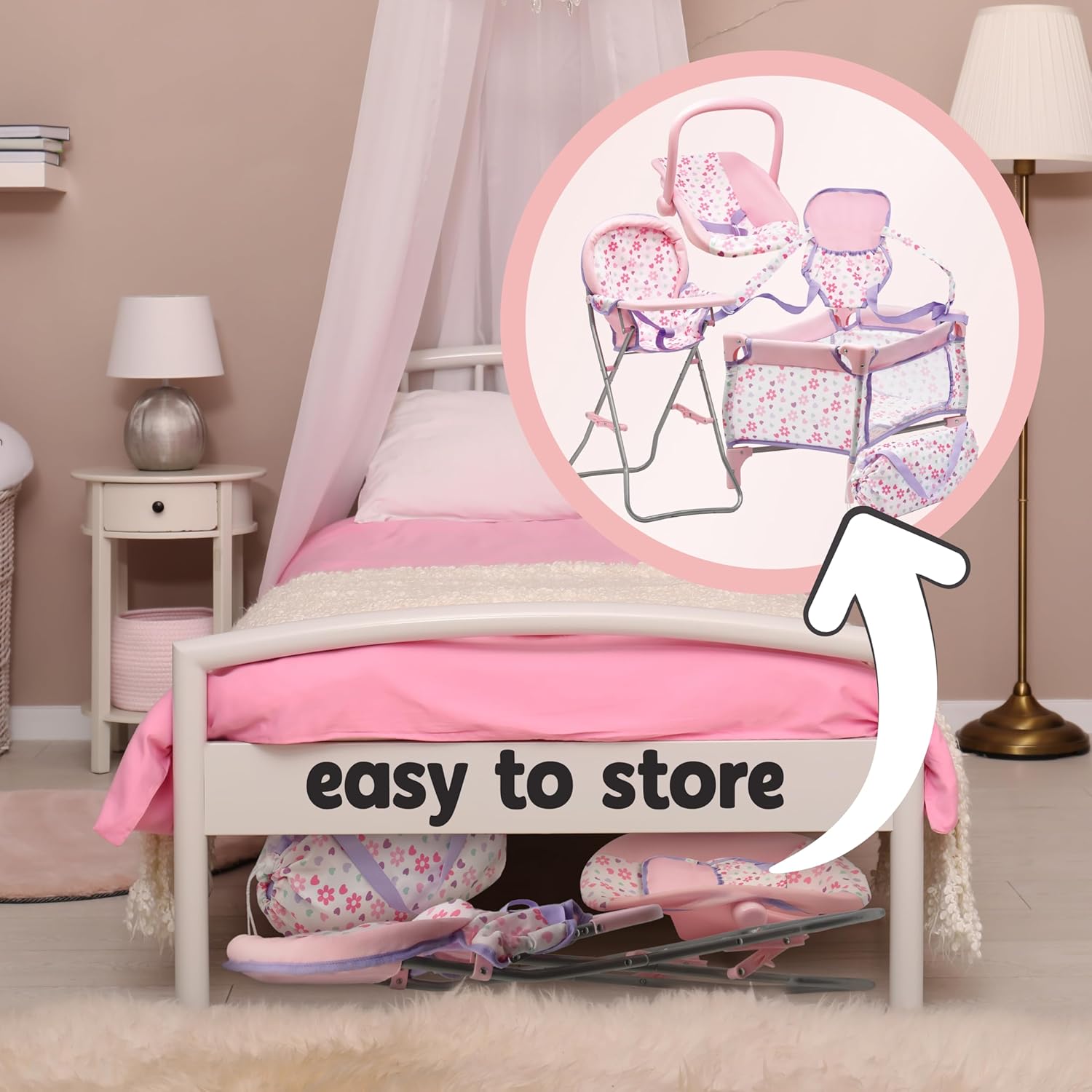 Baby Doll Nursery Playset Bed Carrier High Chair and Seat, Baby Doll Accessories Set Playpen Storage Bag Role Play Deluxe Doll Purple Set