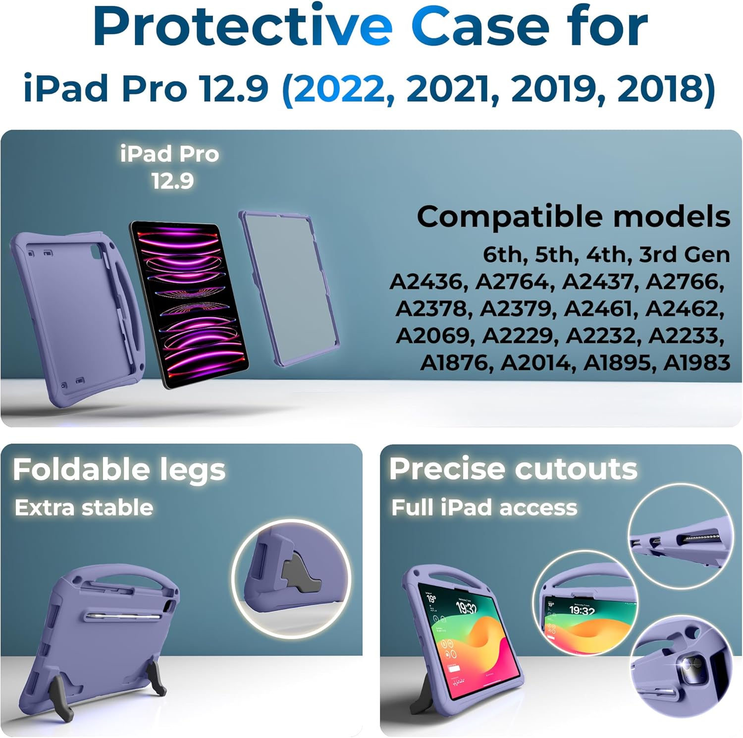 Bam Bino Space Suit Kids Case for iPad Pro 12.9" 3rd/4th/5th/6th Generation (2018-2022) Models [Not for iPad Pro 12.9 1st/2nd Gen] Screen Guard, Handle, Shoulder Strap, Pencil Holder (Nebula Violet)