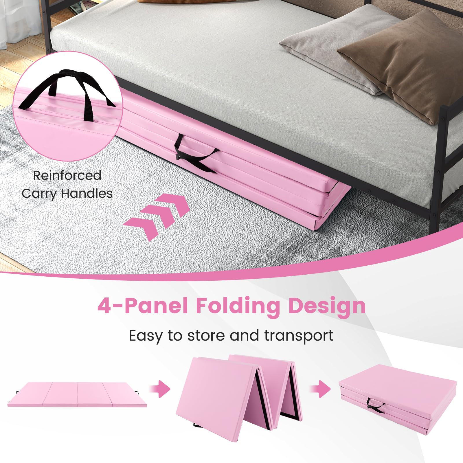 FANTASK Gymnastikmatte klappbar, 300 x 120 x 5 cm, Weichbodenmatte aus PU mit Tragegriffen & Kletterverschluss, Yogamatte, Fitnessmatte für Gymnastik, Yoga (Hellrosa)