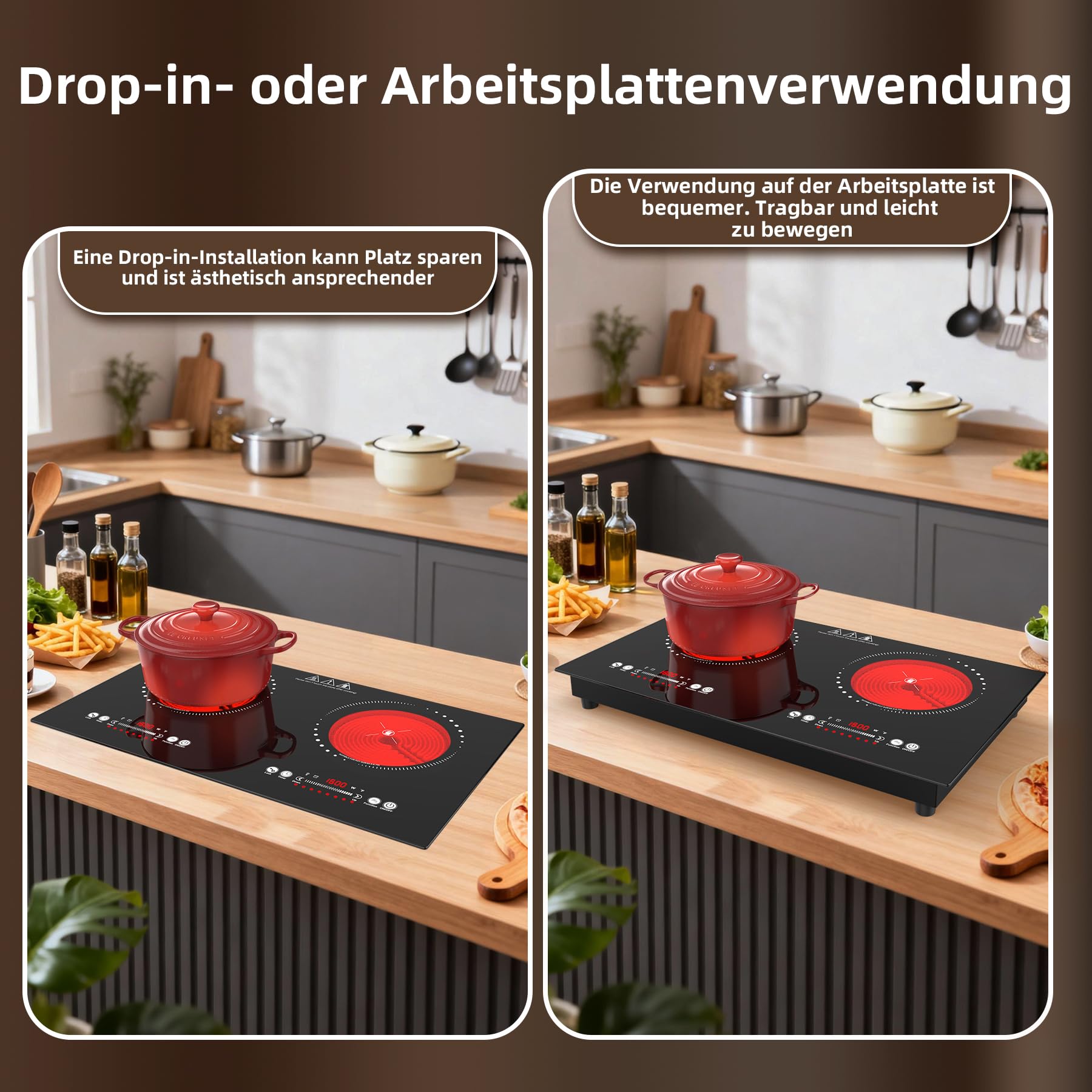 VBGK Keramikkochfeld, 220V, 3600W, Keramikkochfeld mit LED-Touch-Steuerung, 9 Leistungsstufen, Kindersicherung und 4-Stunden-Timer, Überhitzungsschutz kochfelder, Glaskeramikkochfeld 2 Platten
