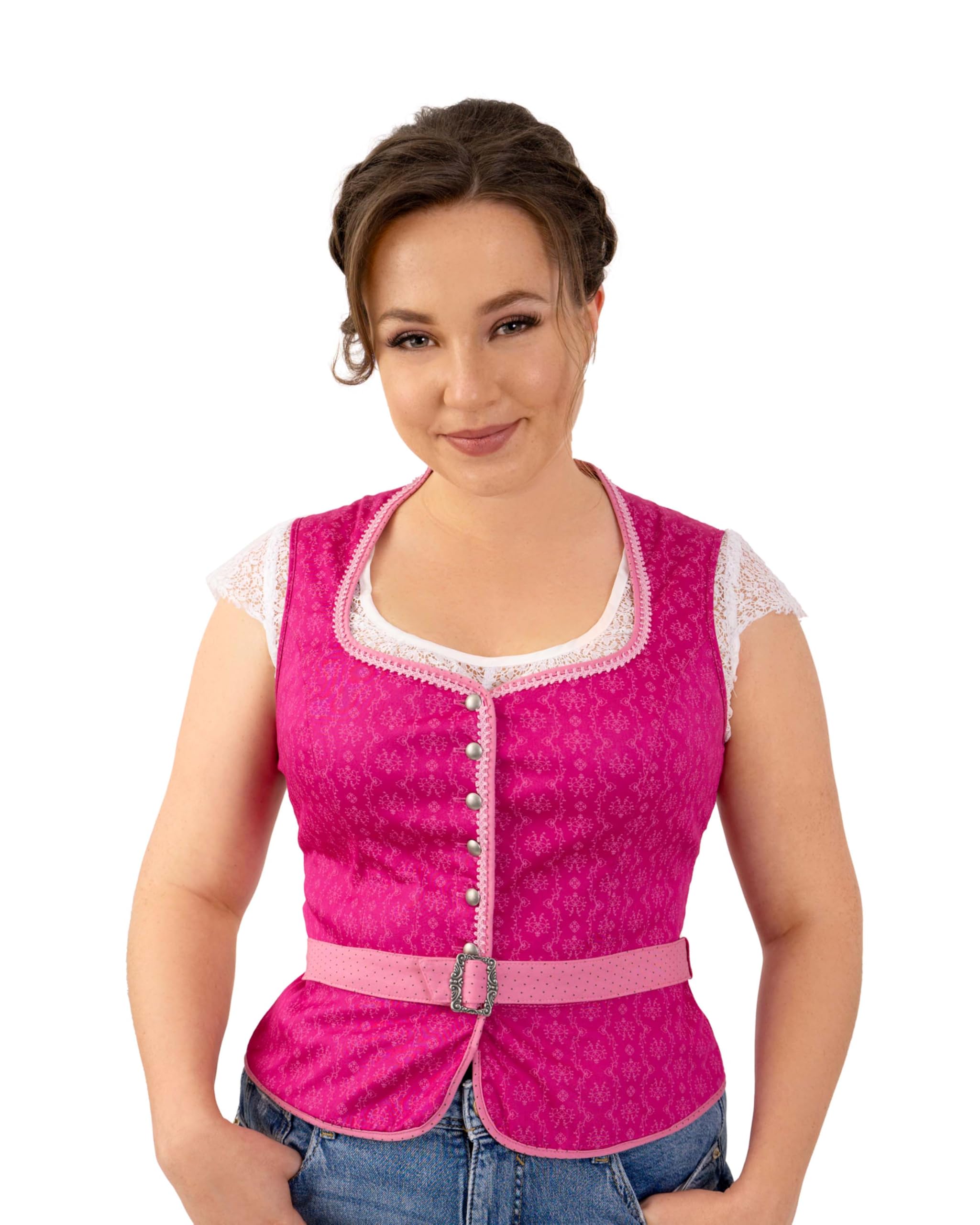 Ramona Lippert Trachtenmieder Damen Nicole pink, Spitzenborte, Gürtel