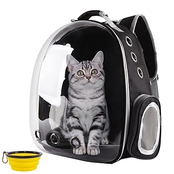 JMKRUA Cat Backpack Bubble Carriers, Airline-Approved Ventilate Transparent Capsule Hands-Free Pet Backpack, for Cats Puppies Travelling Hiking Camping & Outdoor Use (Black)