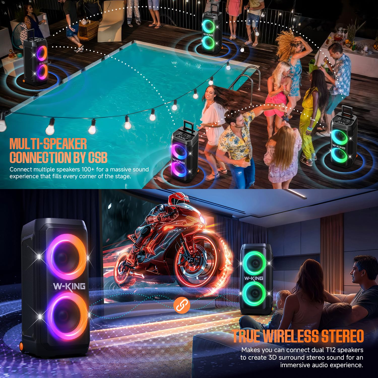 W-KING Altoparlante Portatile Bluetooth Partybox Loud, 370W MAX, Bassi Profondissimi, Stereo Wireless, Telescopica e Ruote, 25 ore, Luce Futuristica, CSB, Mic e ingresso Chitarra, Ricarica Rapida